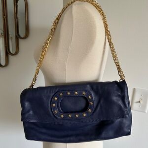 NWOT Vera Pelle Handbag Navy Blue Gold Chain & Studs Foldover Italian Leather
